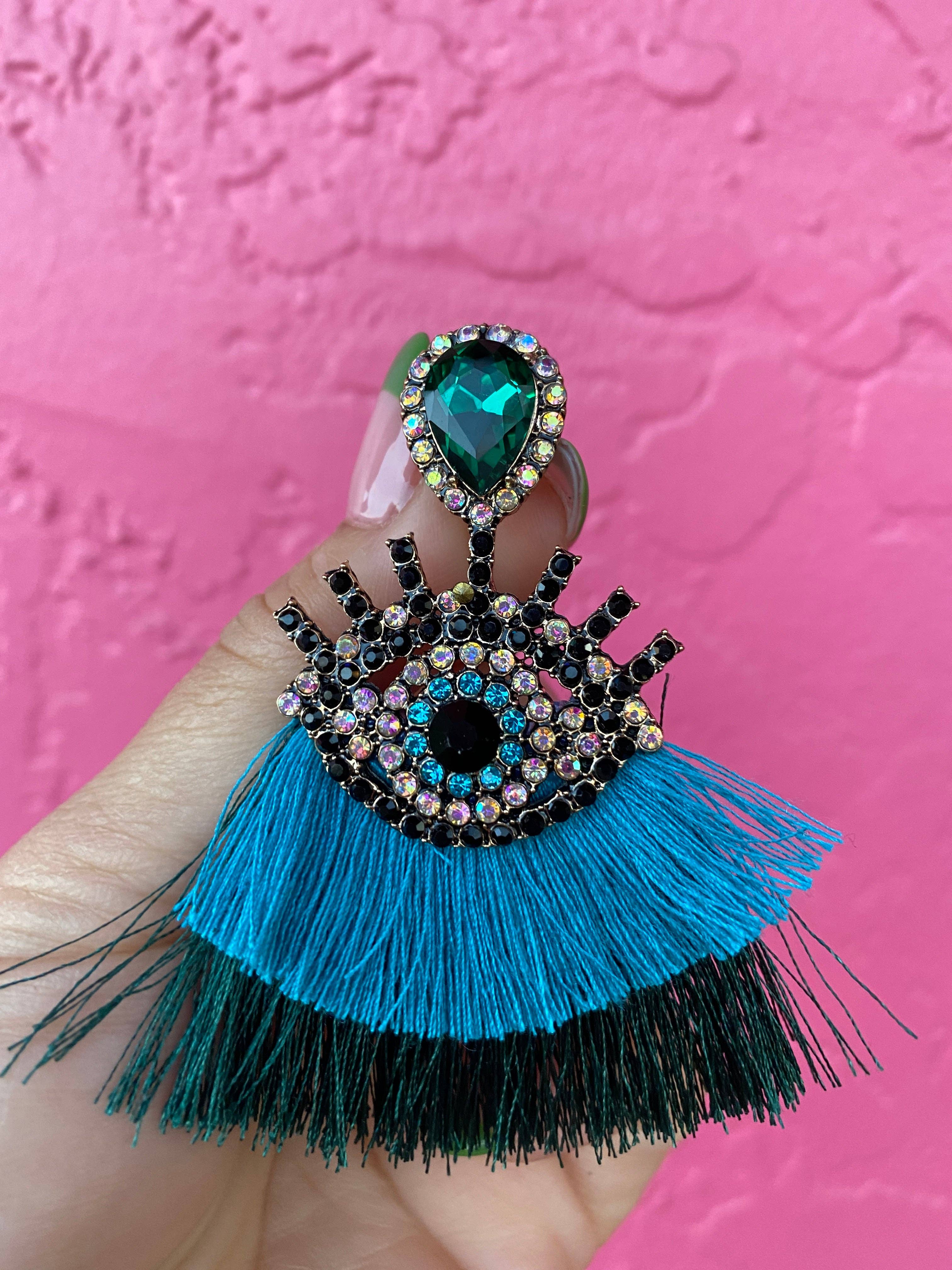 Very That - Wholesale  - Mal Ojo Teal Tassel Gem Earrings0