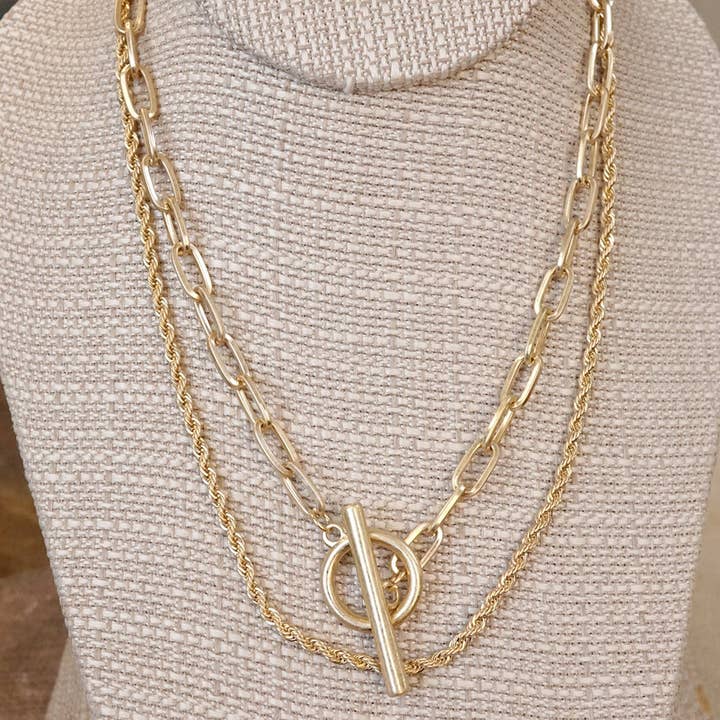 PennyLine inc - Wholesale Link & Chain Necklace - Front Toggle Closure Necklace Multi Layer Chain in Gold tone