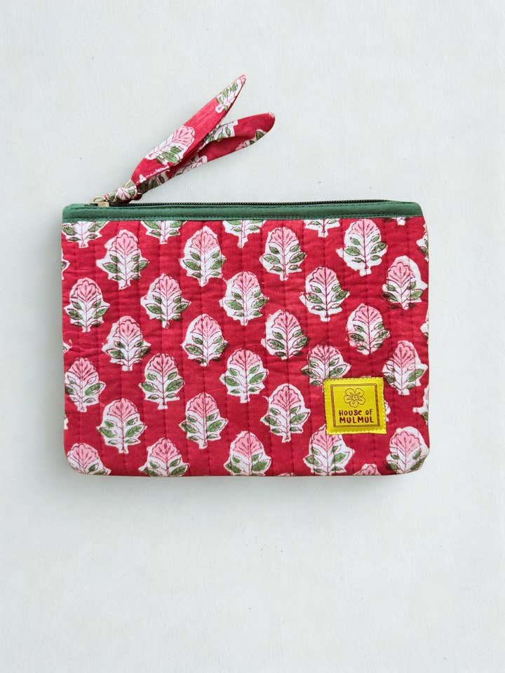 Block print Flat zip pouch - Quilted travel pouch - Passport pouch - Crimson Leaf for wholesale by House of Mulmul LLC