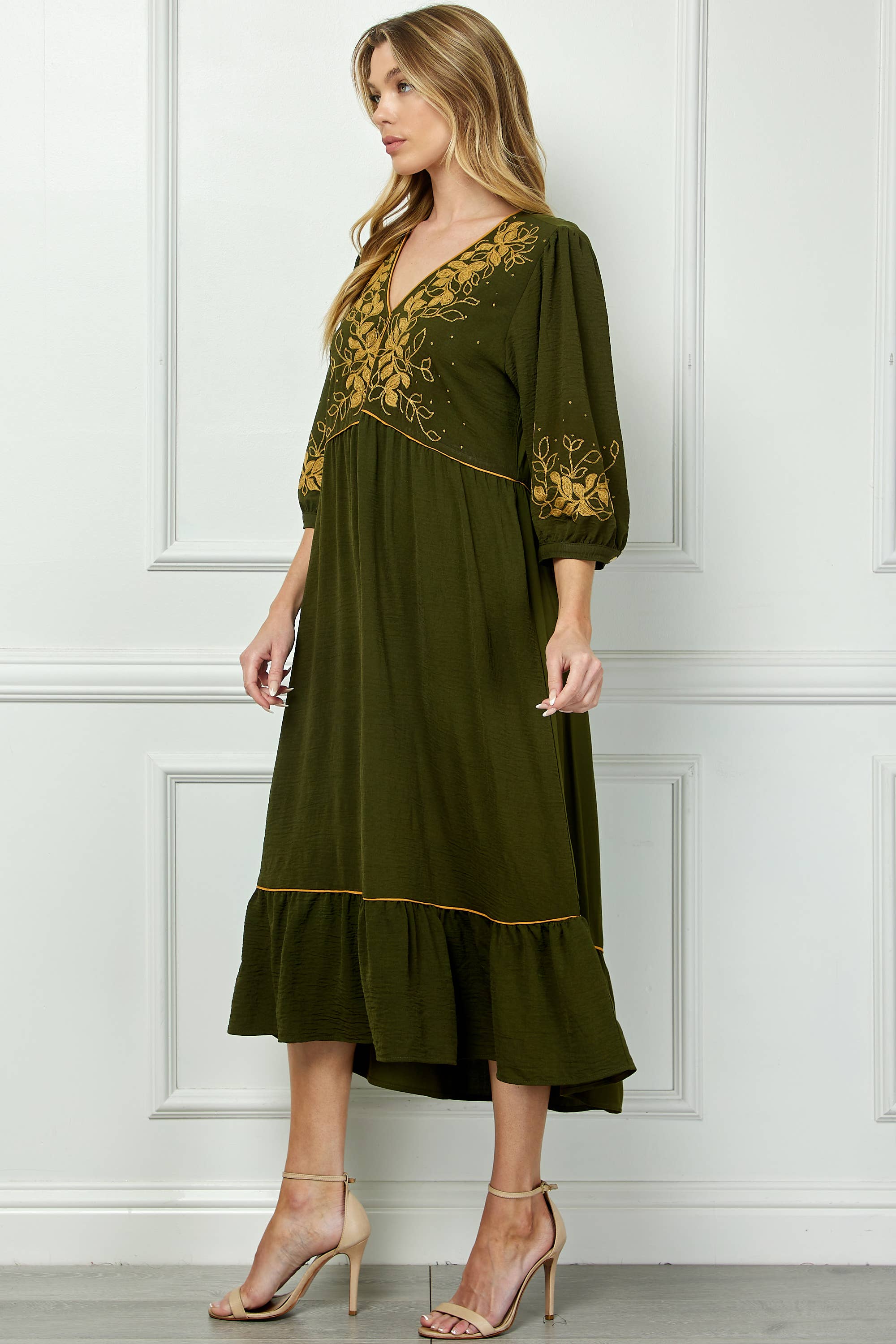 ARMY PIPED FRONT TIERED DRESS WITH EMBROIDERY for wholesale on Faire7