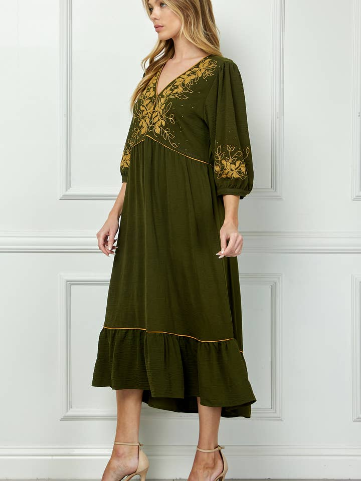 ARMY PIPED FRONT TIERED DRESS WITH EMBROIDERY for wholesale on Faire7