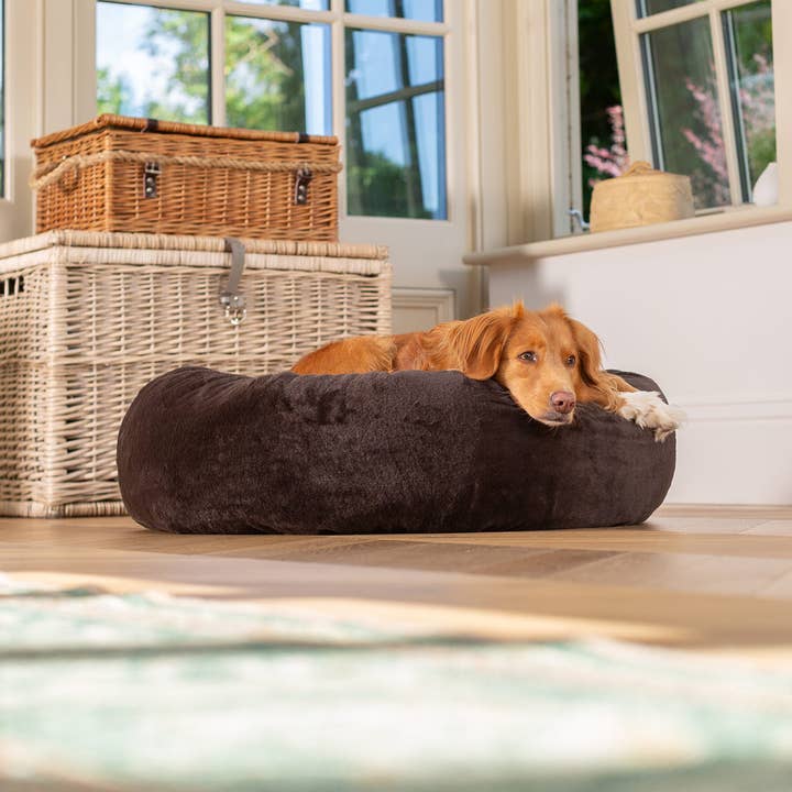 Calming Anti-Anxiety Donut Bed With Removable Covers in Dusk Faux Fur by Lords & Labradors for wholesale on Faire1