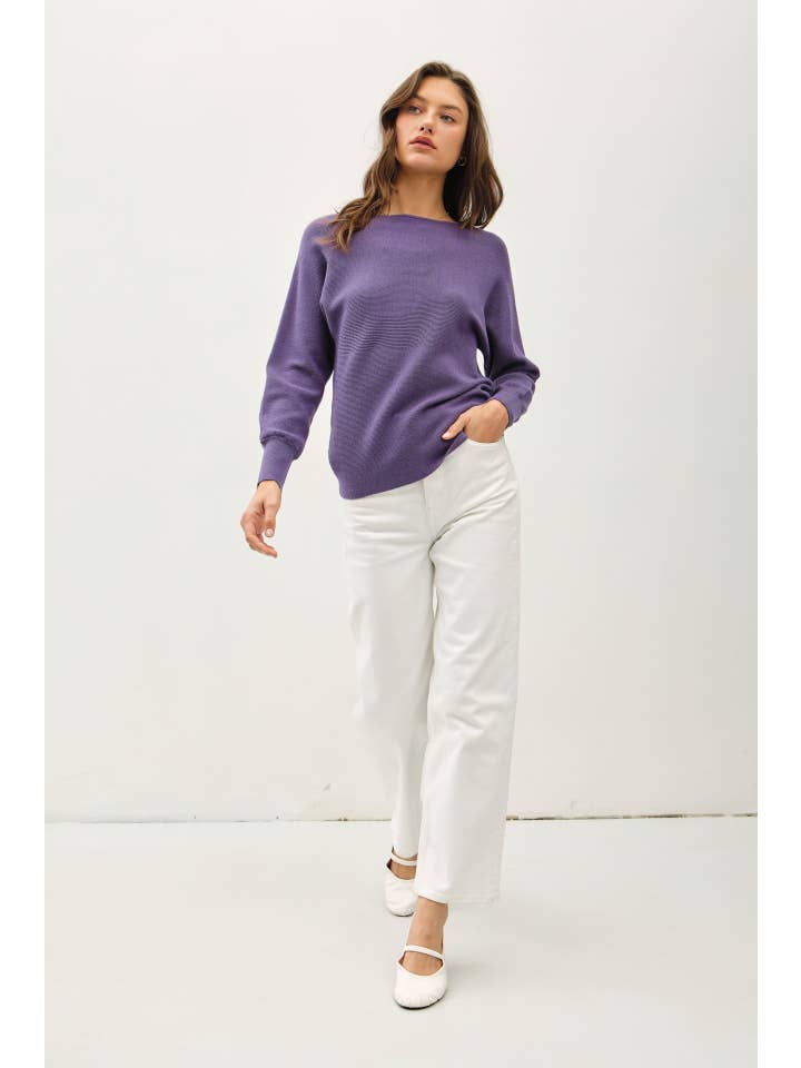 Blueberry BOAT NECK DOLMAN SLEEVE RIBBED SWEATER for wholesale on Faire