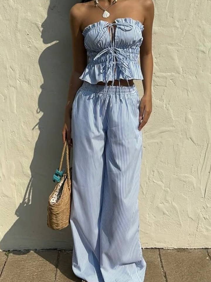 Chilli Girl Collection - Wholesale Top & Pant Set (NOT Loungewear) - Women's - Stripe patterned top and wide-leg pants set