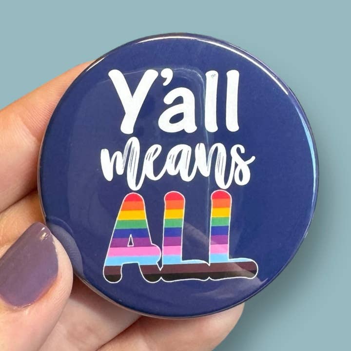 y’all means all navy round magnet for wholesale by Anthem Sticker Company