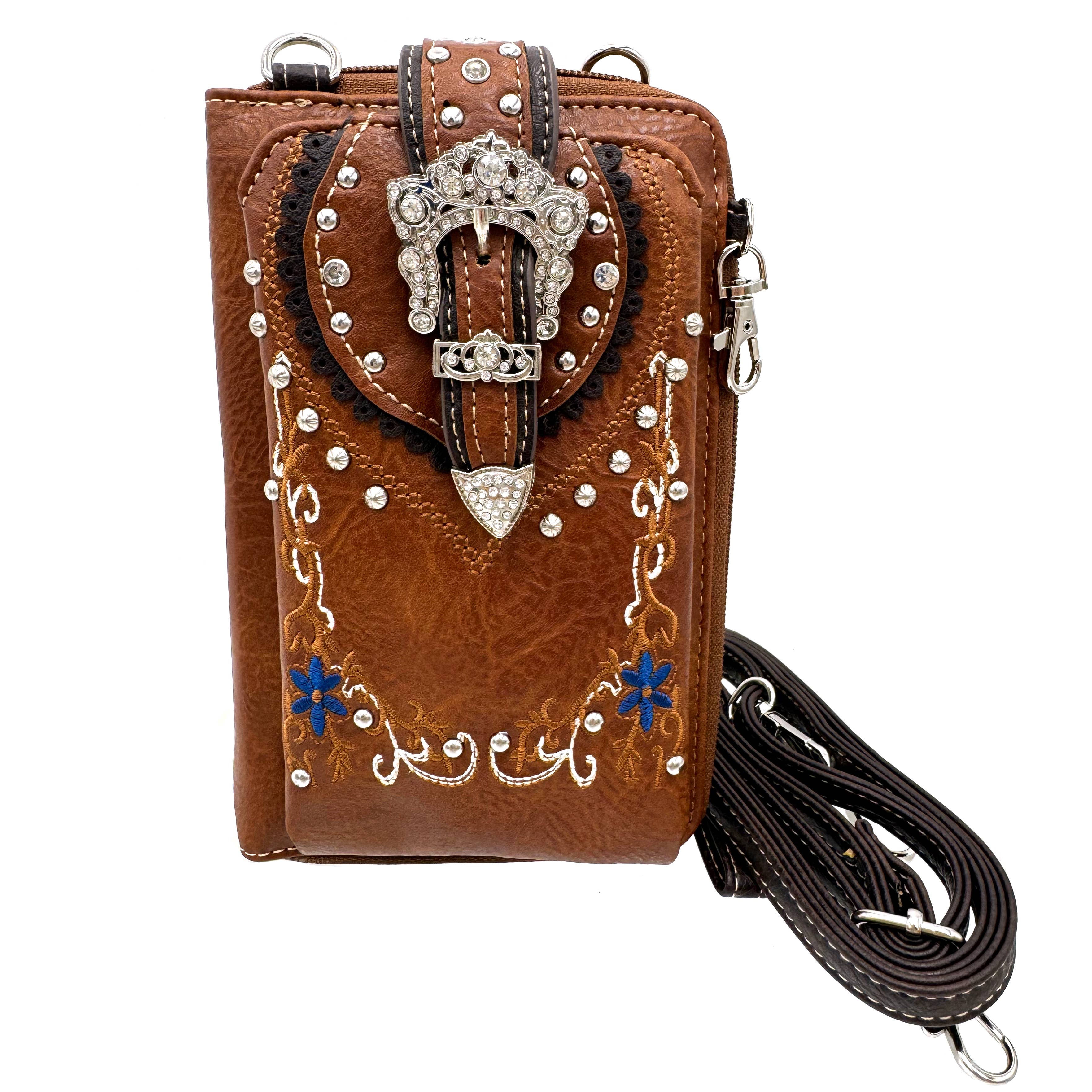 Lunar Deer - Vendita all'ingrosso Portafoglio per cellulare - Donna - Portafoglio per telefono con ricamo floreale occidentale con fibbia a corona6