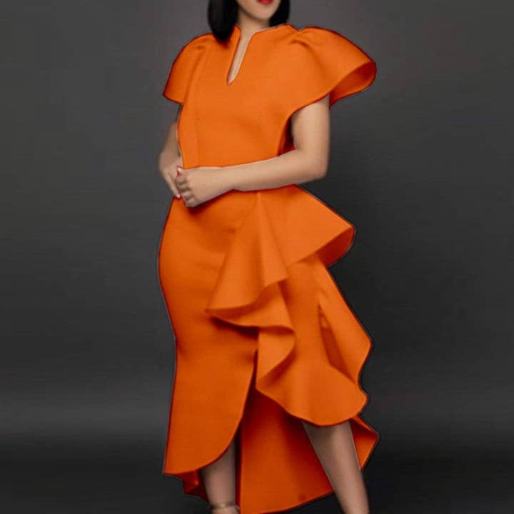 UZ Wholesale Store - Wholesale Dress - Women's - Irregular Hem V-Neck Ruffled High Waist Plus Size Bodycon Dress
