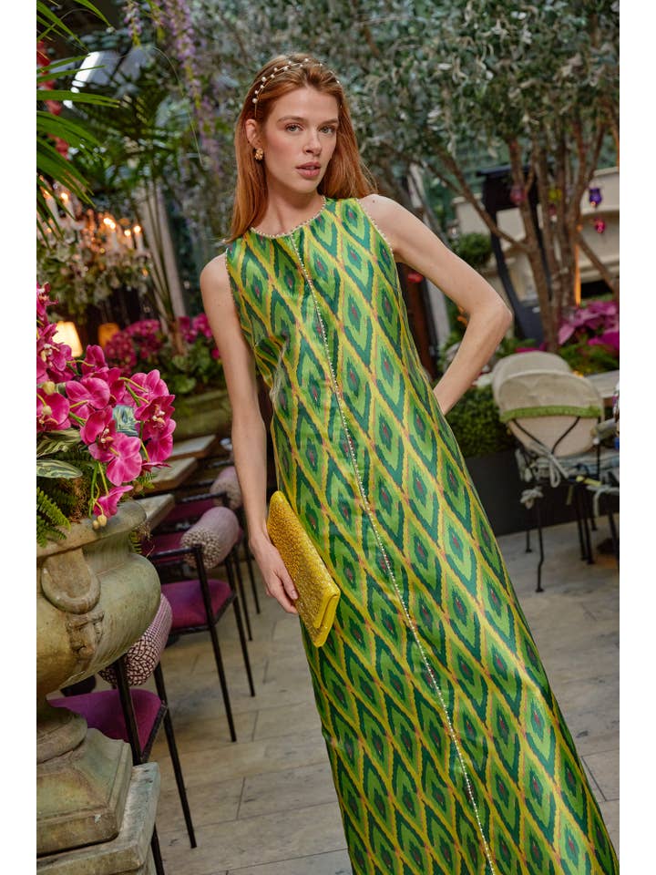 Green Hannah Dress Lime Ikat Jacquard for wholesale on Faire5