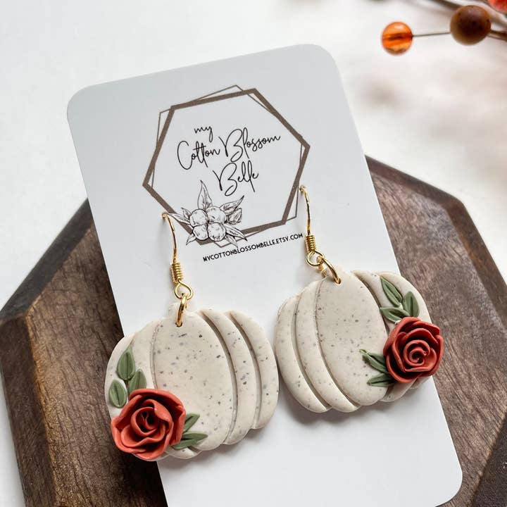 Pumpkin Floral Dangles - Clay Flower Earrings for Fall for wholesale by My Cotton Blossom Belle