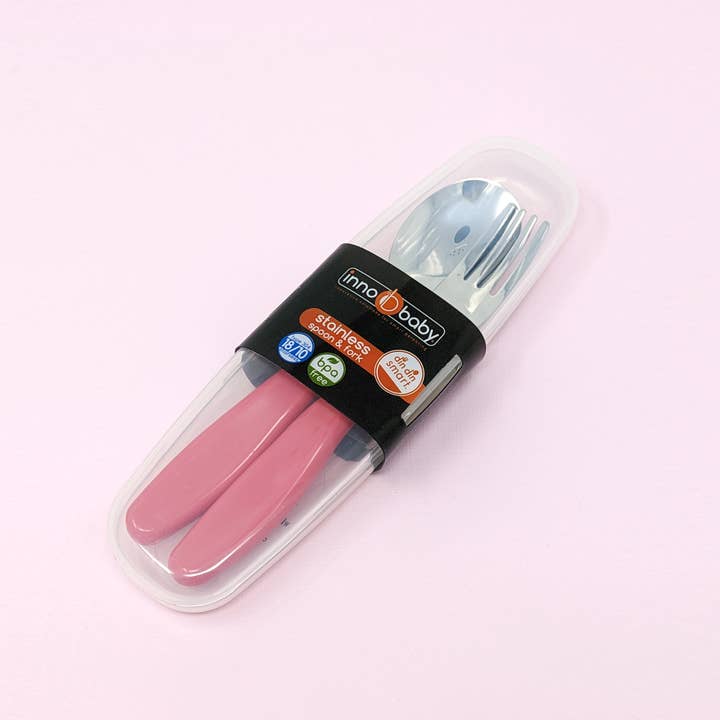 EZ Grip rostfritt småbarn barn sked och gaffel Set w/Case för wholesale av Innobaby on Faire