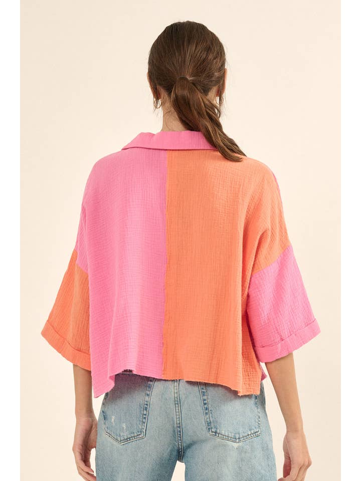 Promesa USA - Vente Chemise à col boutonné – femme - Chemise à ourlet brut en coton froissé à blocs de couleurs5