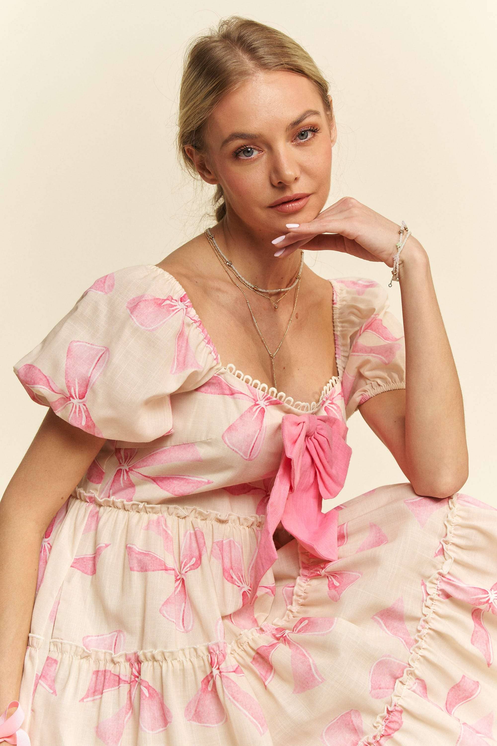 Davi & Dani - Wholesale Dress - Women's - BOW PRINTED PUFF SMOCKING BACK TIERED DRESS15