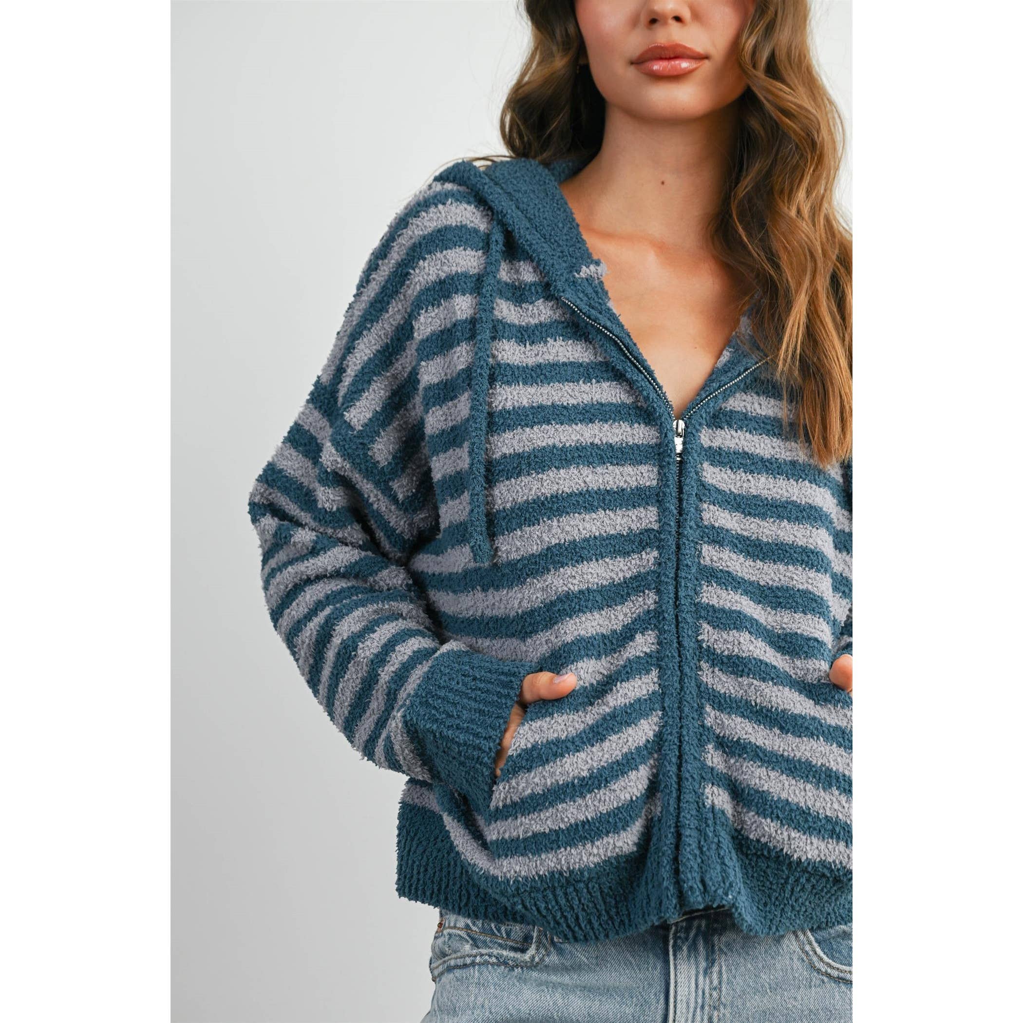 BUTTERMELON - Wholesale Knit Sweater - Women's - Striped Zip-Up Hooded Cardigan - BMC80974