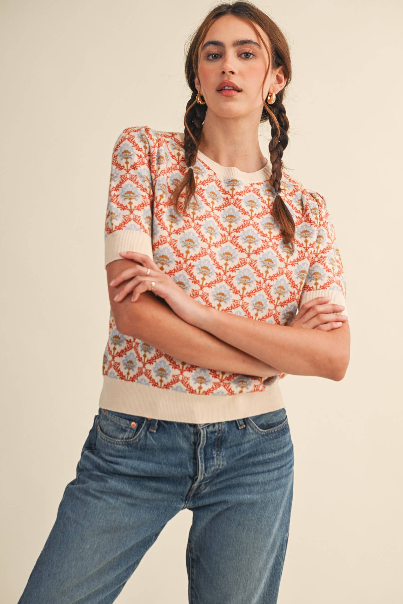 &MERCI - Wholesale Knit Sweater - Women's - FLORAL PATTERN SHORT SLEEVE SWEATER MSW1086047