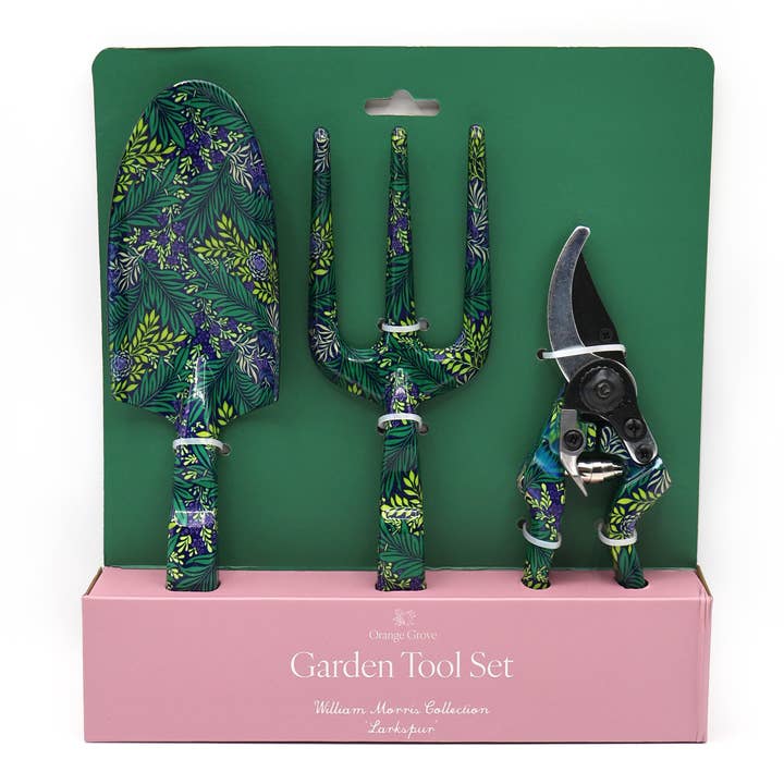 Robert Frederick Ltd - Wholesale Garden Tool - Orange Grove Fork, Trowel and Secateurs Garden Tool Set - William Morris Larkspur Design