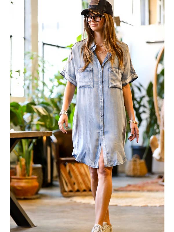 MK3369 Short sleeve front button down denim shirt dress for wholesale on Faire