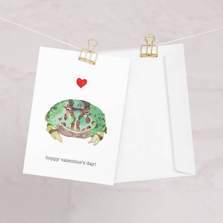 Hoppy Valentine's Day Frog Greeting card - Pac Man Frog Love Note Folded Postcard - Cute Quirky Valentine Toad Pun for wholesale by Stephanie Missan Studio