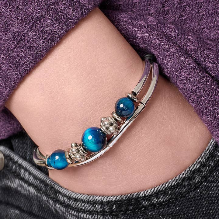 Helderheid Halfedel Blauw Tijgeroog Zilveren Verstelbare Armband voor wholesale door Lizzy James