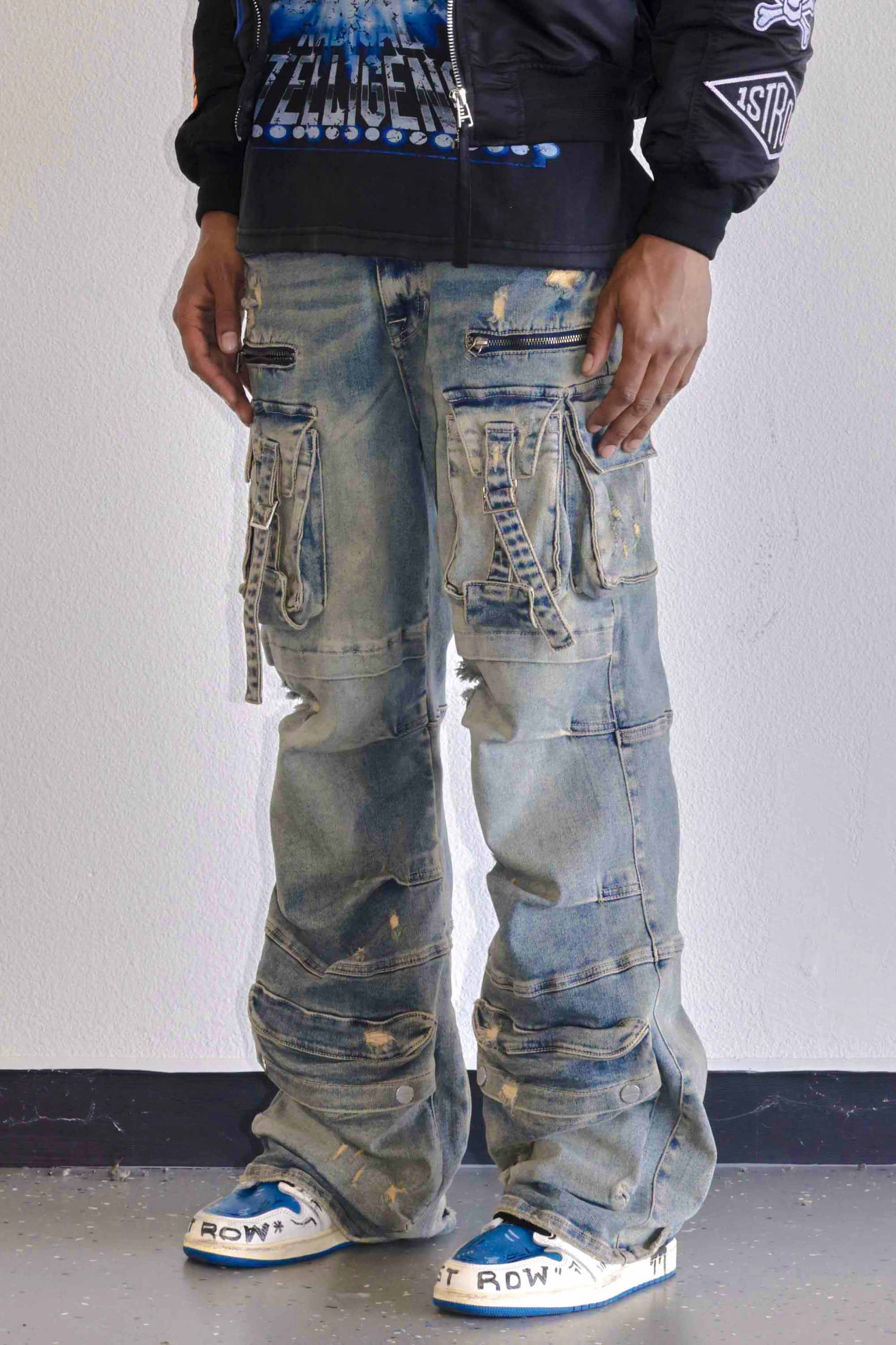 First Row - Vente Jean – homme - Pantalon cargo en denim large Y2K avec poches utilitaires11