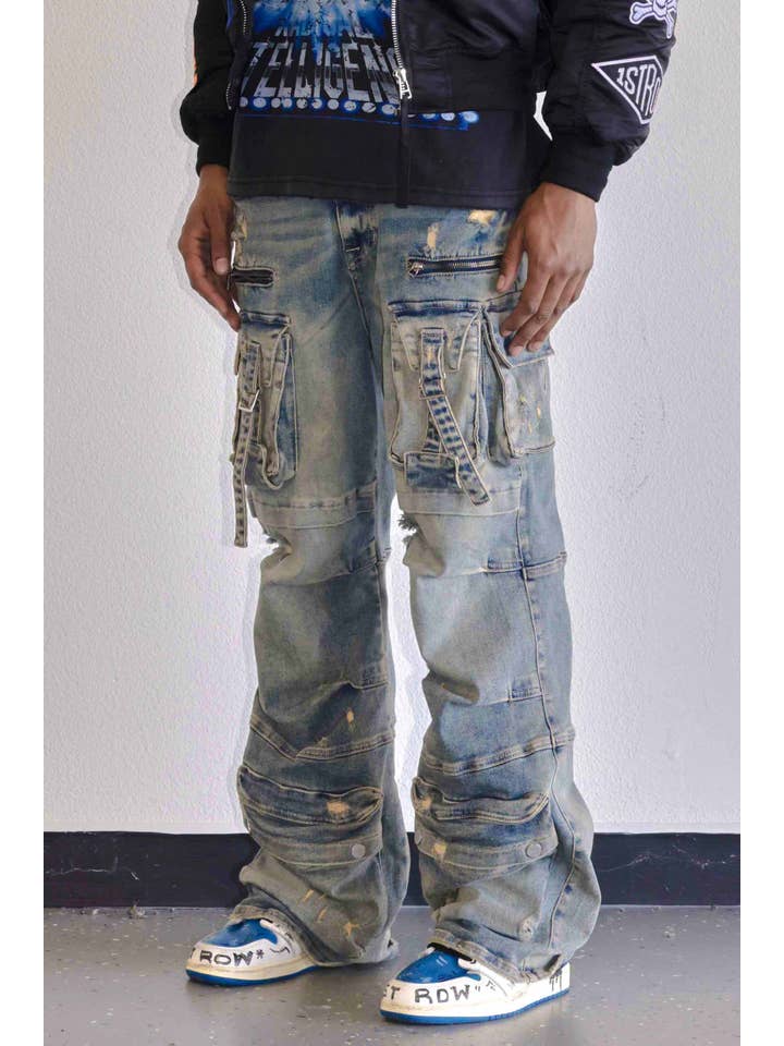 First Row – wholesale Jeans - Herr – Y2K vida cargobyxor i denim med utility-fickor11