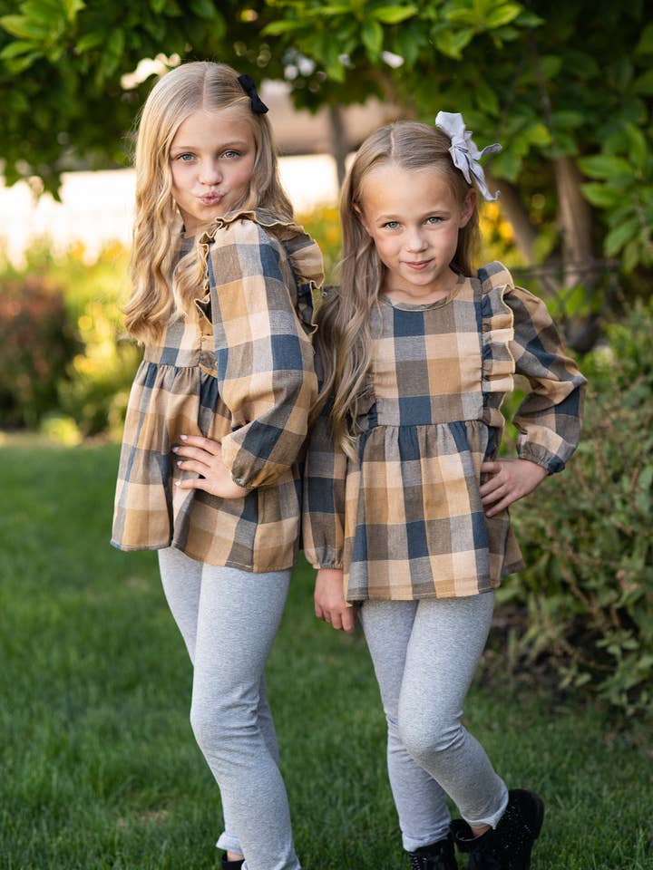 Girls Mustard & Gray Plaid Ruffle Button Fall Winter Set for wholesale by Wren & James