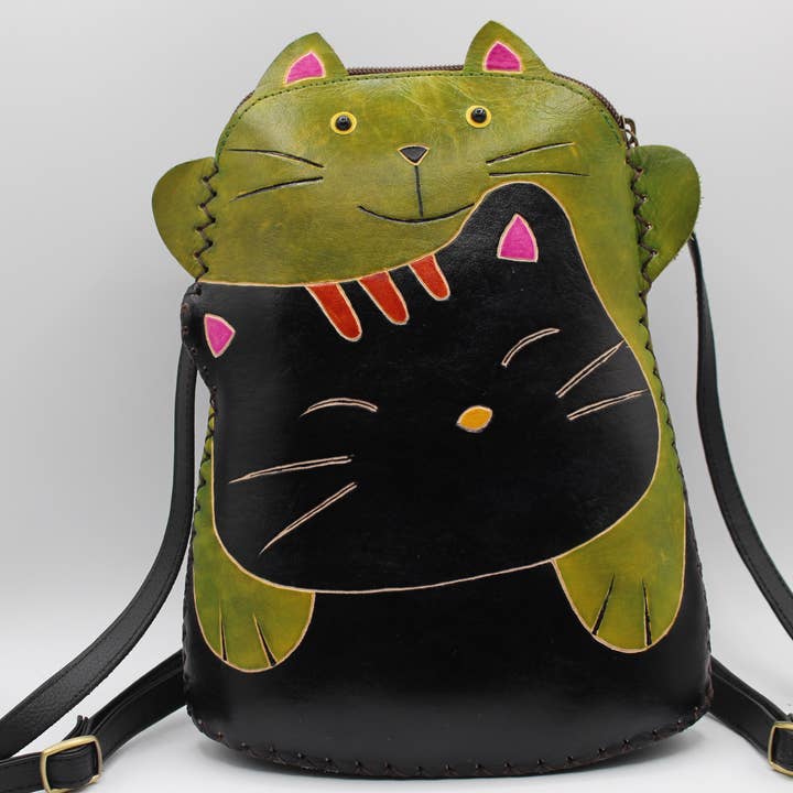 Leather black cat backpack cross-body purse multi use for wholesale by Sunflower Handmade leather inc