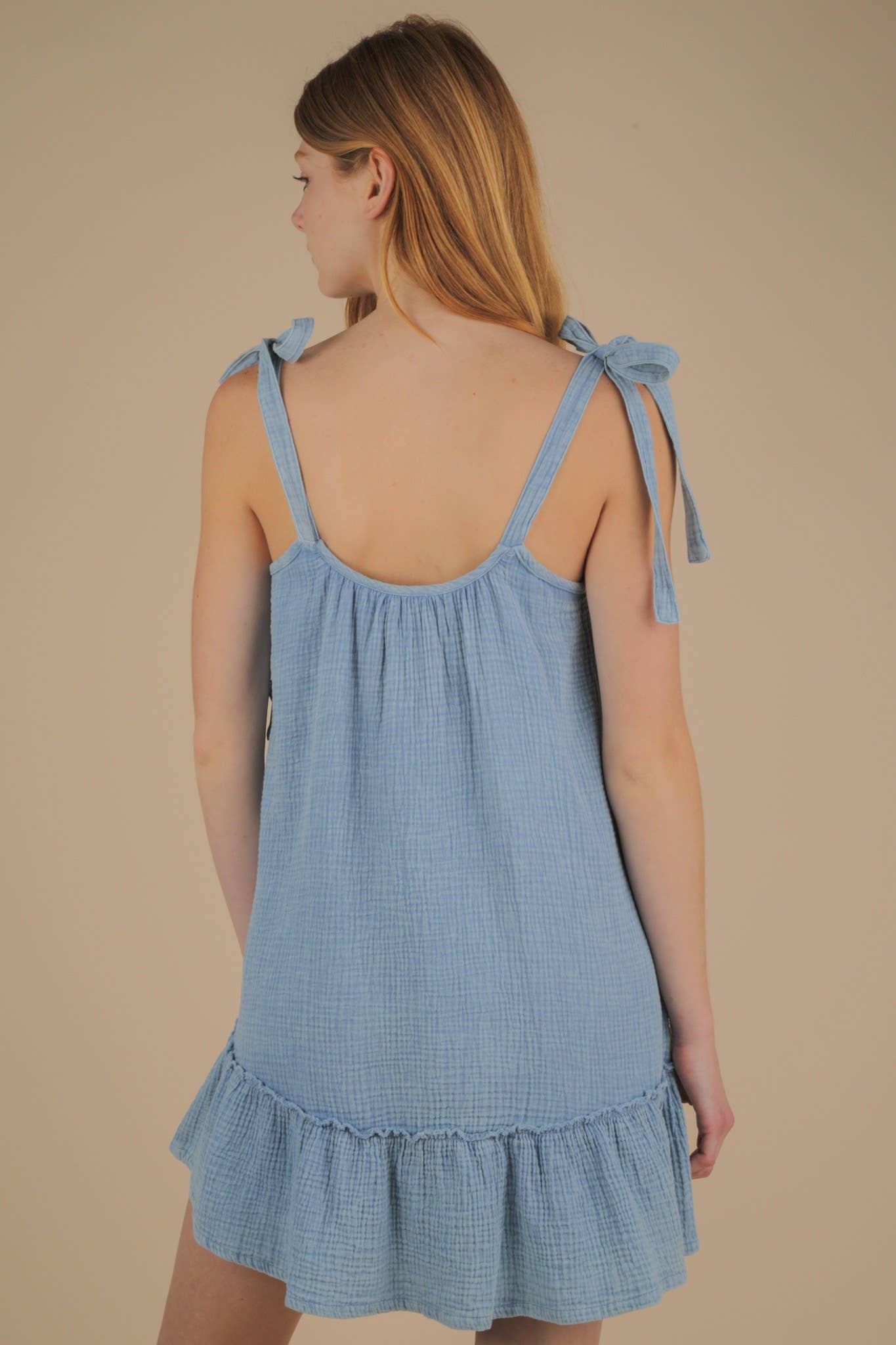 VERY J - Wholesale Dress - Women's - ND31743-Mineral Washed Shoulder Tie Mini Dress18