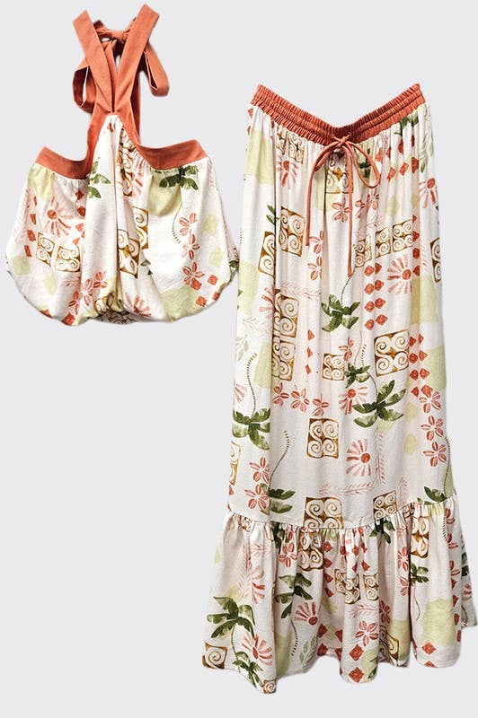 Cream Multi Printed Halter And Skirt Set for wholesale on Faire7