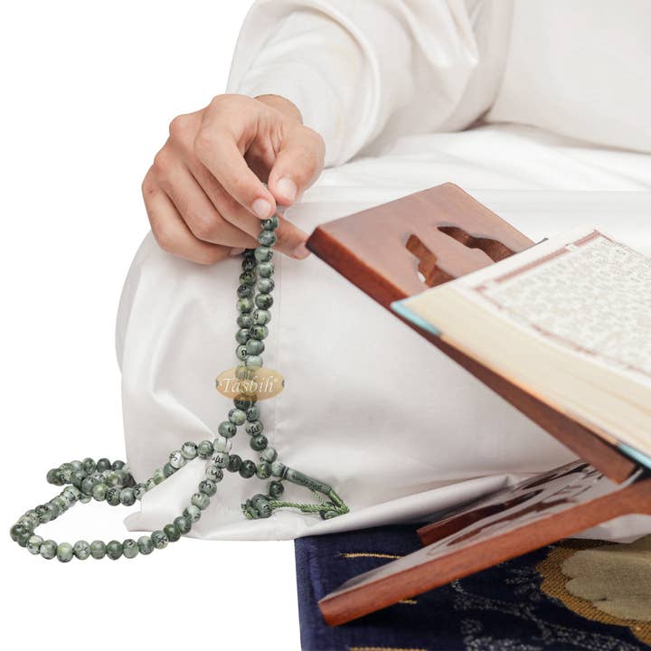 IndoMode – wholesale Bönehalsband – Stor marmor grön plast 10mm islamisk Tasbih svart Allah Muhammad bön pärlor