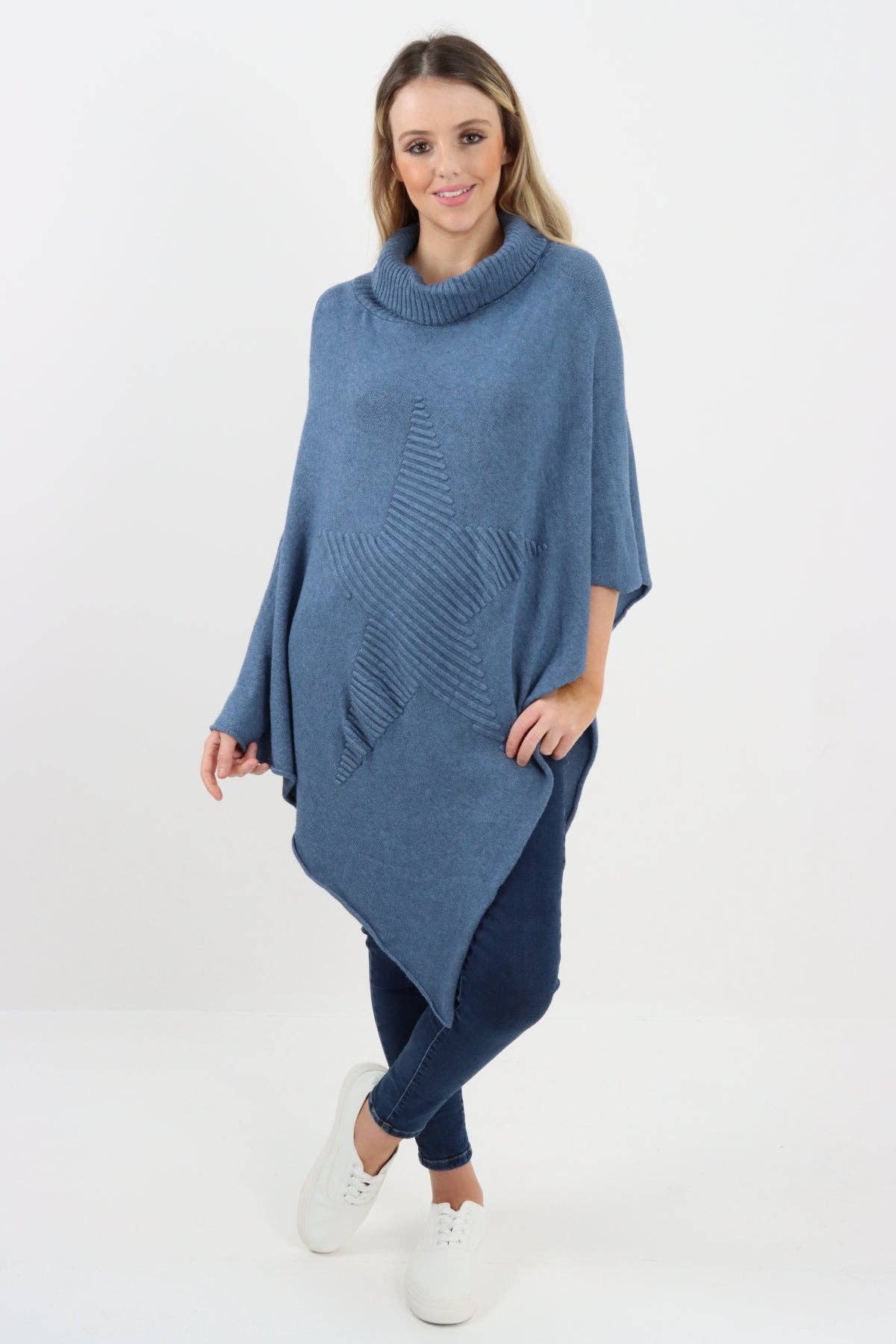 Miss Bold – Engroshandel Poncho - Dame – Italiensk strikket lagenlook poncho med stjernemønster og rullekrave6