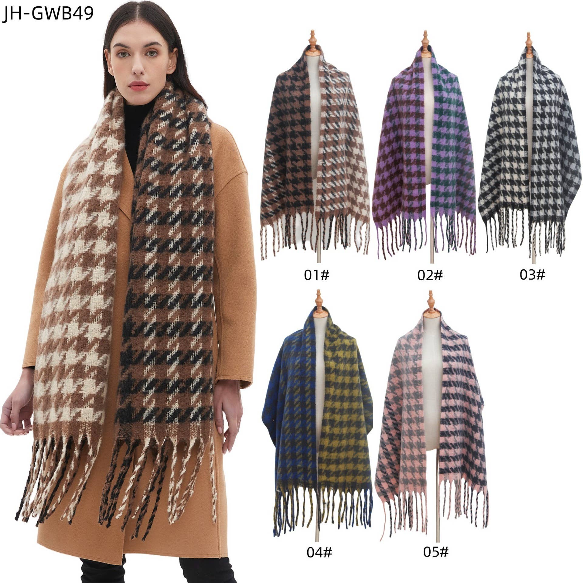 Adorro - Wholesale Scarf - Women's - Soft Two Tone Houndstooth Chunky Fleece Oblong Tassel Scarf5