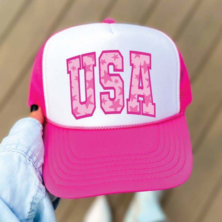 USA Pink DTF Printed Hot Pink and White Trucker Hat for wholesale by Southern Attitude Designs Inc