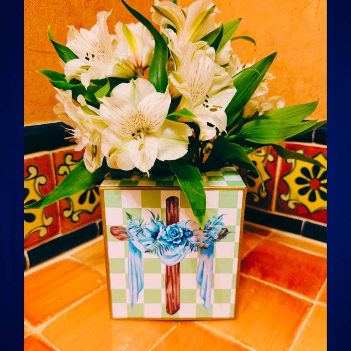 TOPICS IN THE TROPICS - Wholesale Tissue box - Paper mache Kleenex Box Cross with a blue drape 2