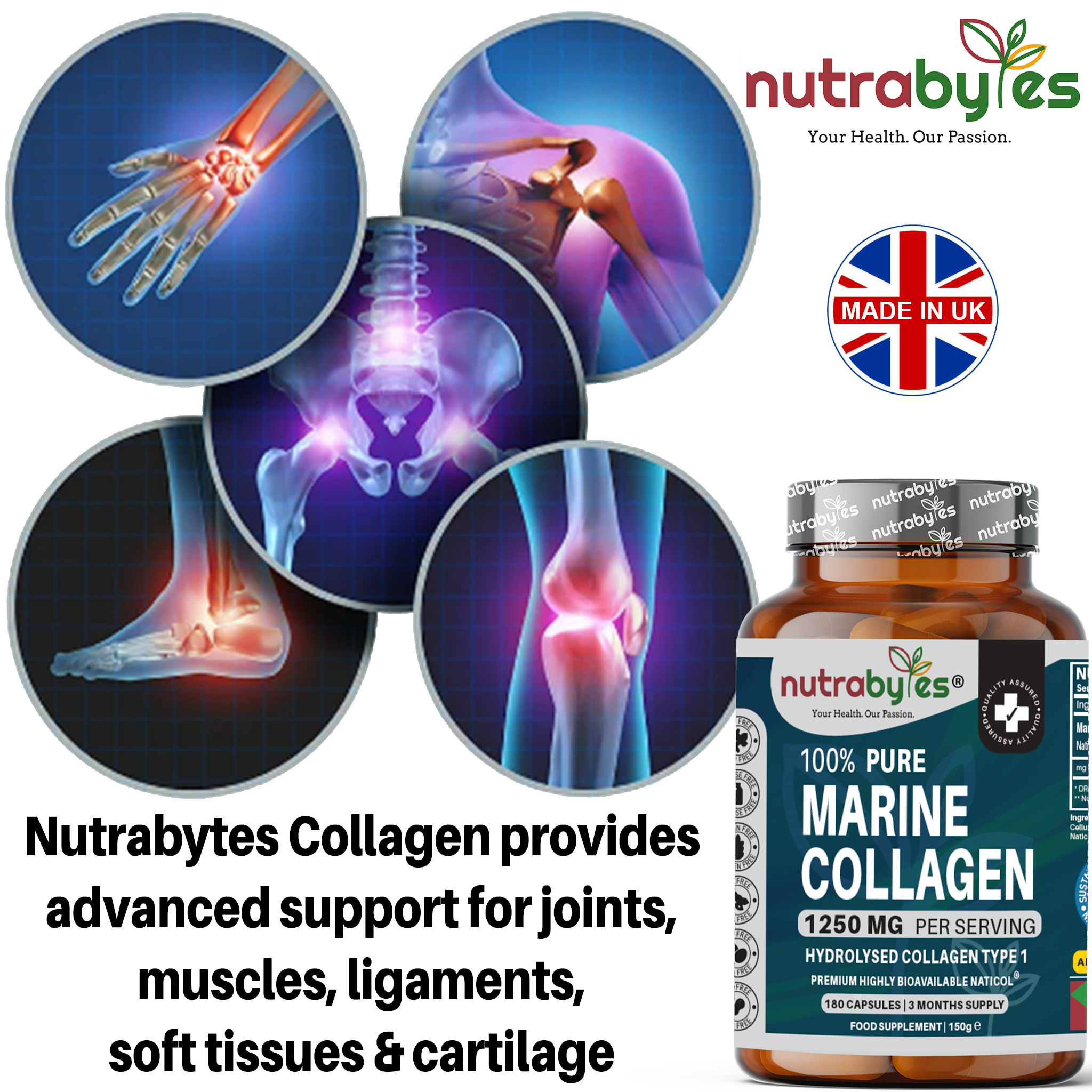 NUTRABYTES - Wholesale Oral Supplement/Vitamin - Pure Marine Collagen Supplement | 1250mg High Strength Collagen Capsules | Hydrolysed Marine Collagen Protein Peptides Type 1 | 180 Collagen Capsules | 3-month supply | Made in UK4