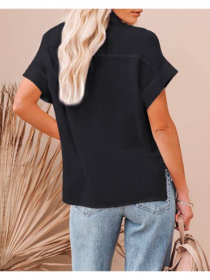 Rosa Clothing - Wholesale Button Down Shirt - Women's - Button-Lapel Pocket Slit Short-Sleeved Shirt1