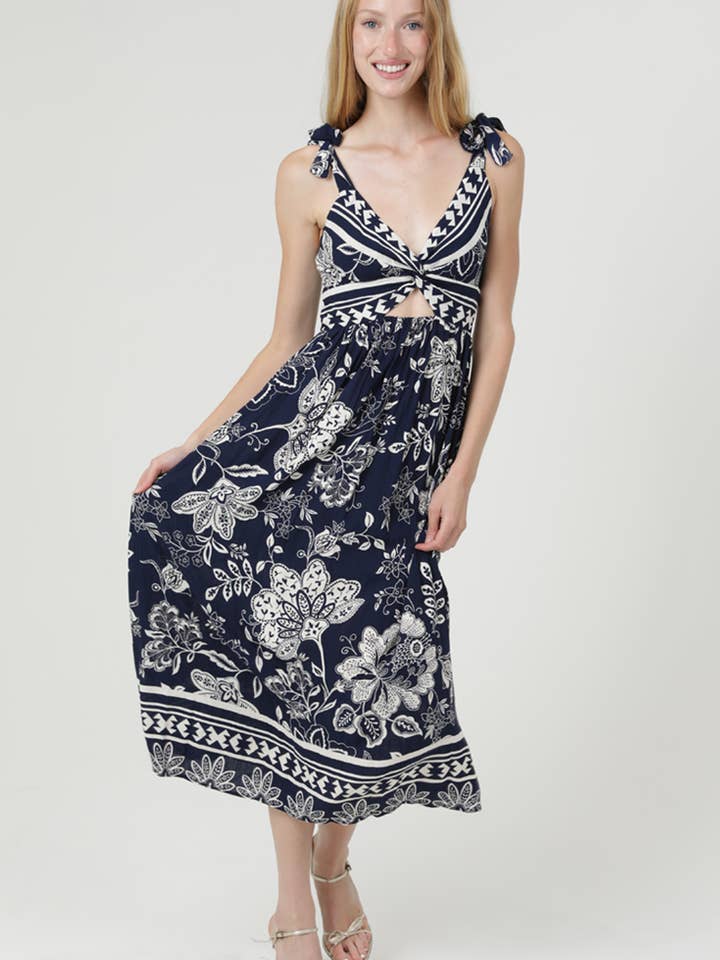 H4736-FQ78 V-HALS TWIST FORAN UDSKÆRING BINDESNORER MIDI KJOLE for engroshandel hos ANGIE