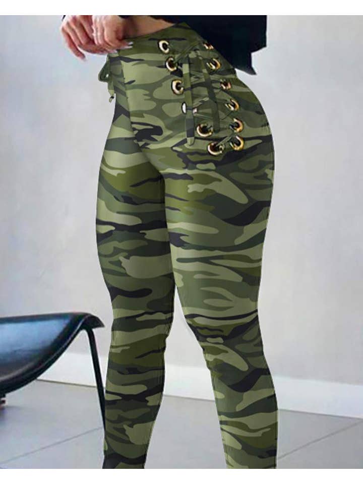 Queen Fashion - Wholesale Pants - Women's - print high waist eyelet laceup skinny pants