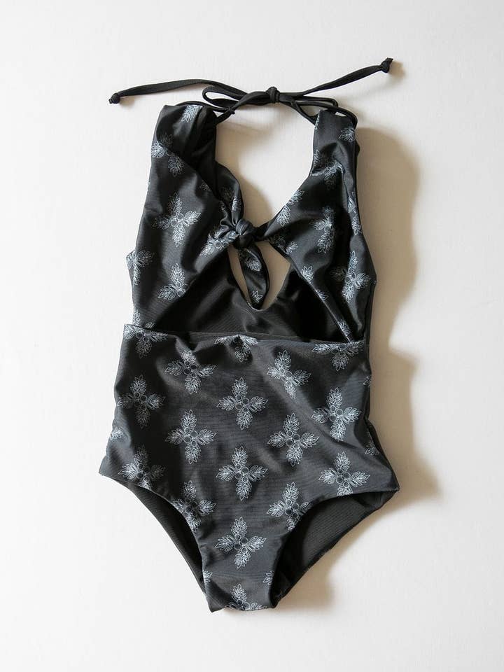 Girl's Cutout One Piece in Black Breadfruit Bandana for wholesale by Of One Sea