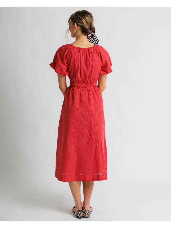 Chrysanthemum Miranda Red Short Sleeve Scoop Neck Midi Dress for wholesale on Faire
