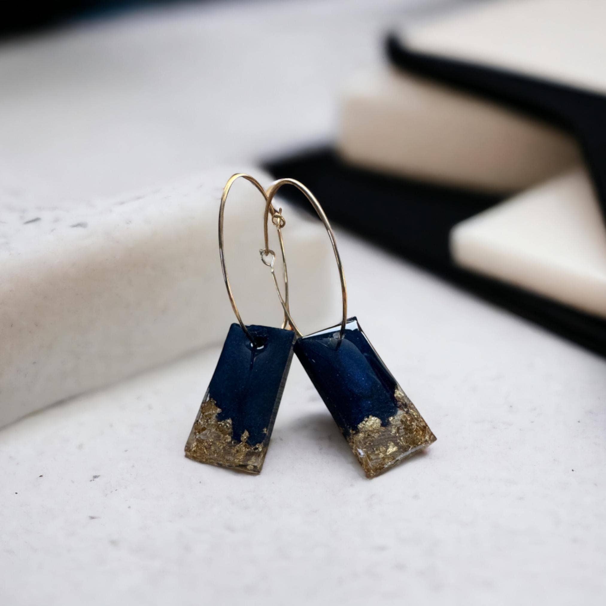 Fish Towne Designs, LLC - Wholesale Dangle Earrings - Navy Blue and Gold Leaf Resin Bar Earrings Handmade5