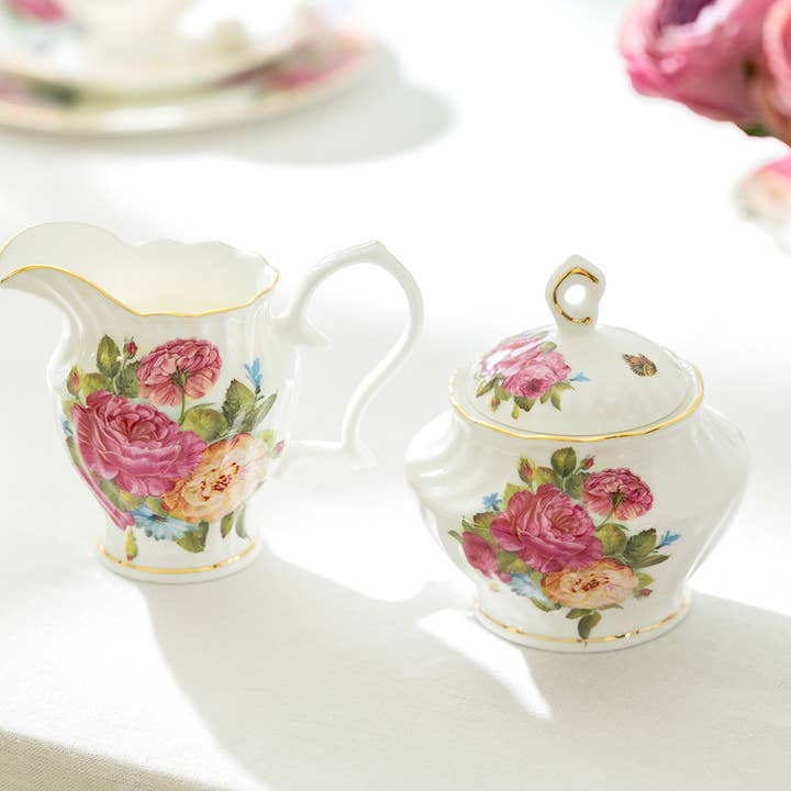 Sandra's Rose with Butterfly Bone China Sugar & Creamer Set for wholesale by Grace Teaware