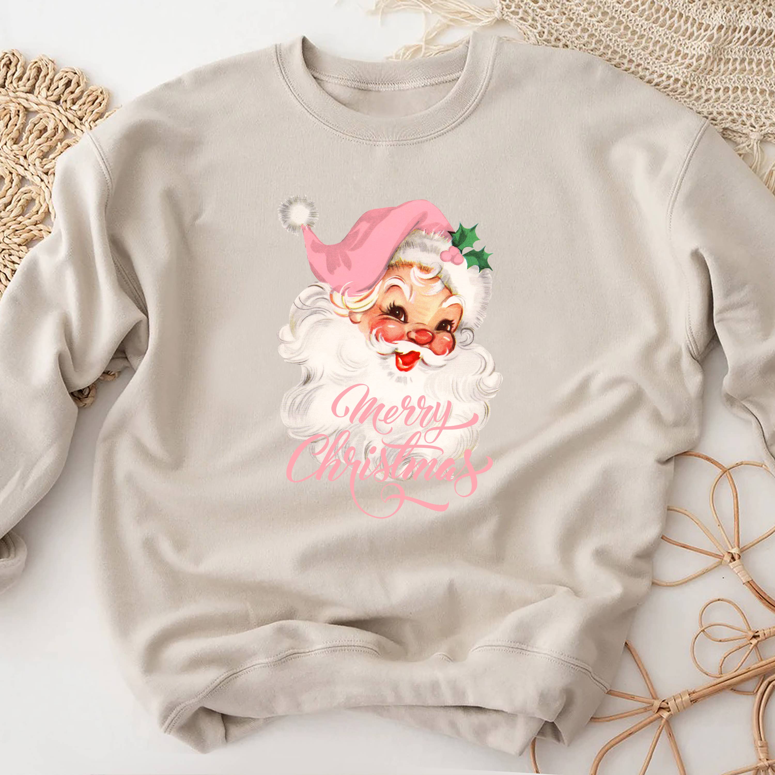 STARCHIS – Großhandel Sweatshirt mit Grafikdruck – Damen – Frohe Weihnachten Vintage-Weihnachtsmann rosa3