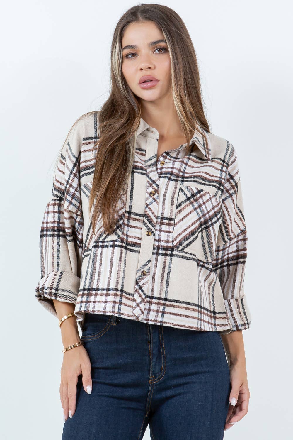 Veracci - Wholesale Button Down Shirt - Women's - Boxy Cropped Long Sleeve Plaid Over Shirt2