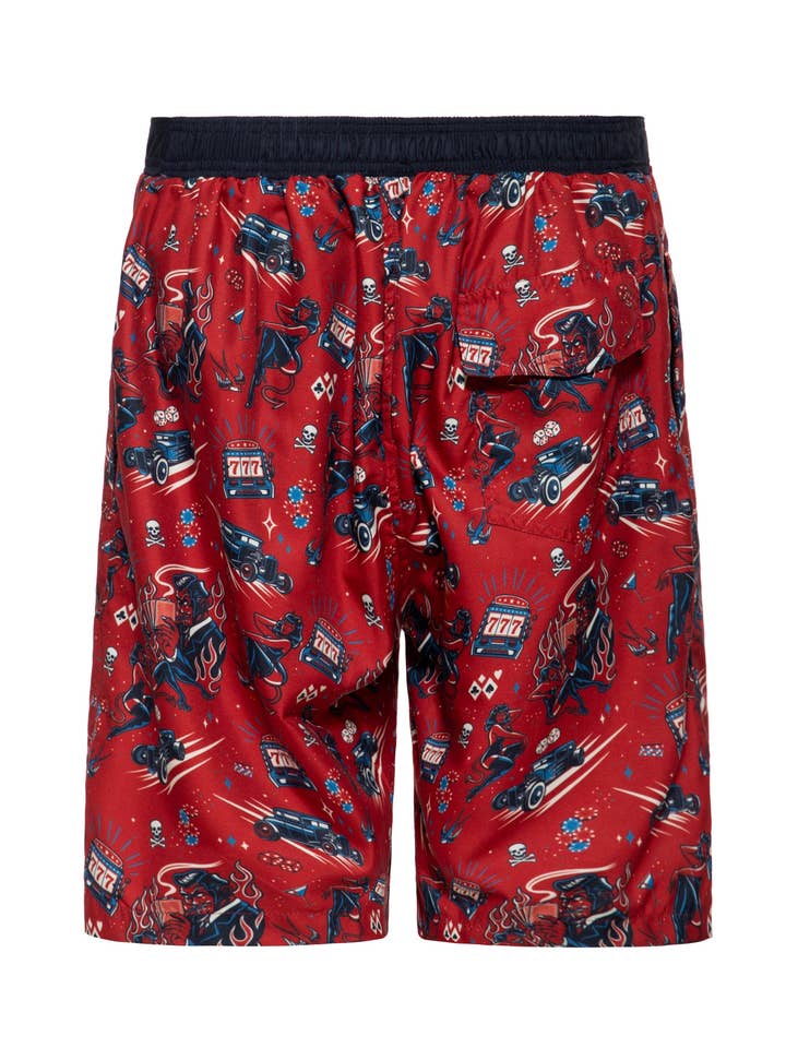 red Swim Shorts "Rockabilly Devil" for wholesale on Faire2