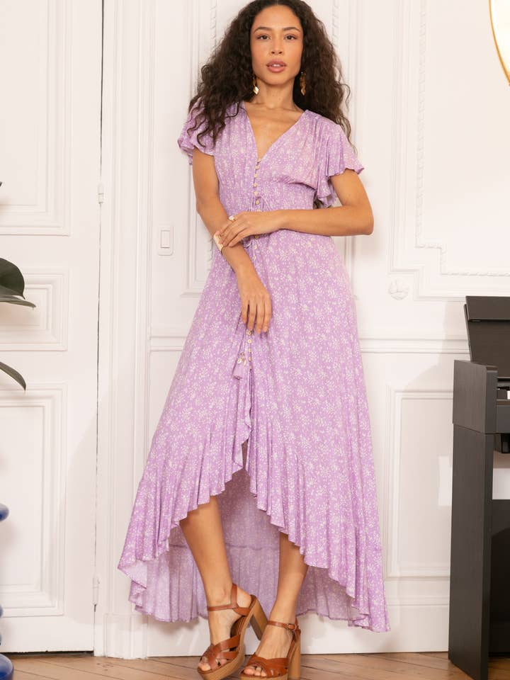 Boho print long dress with buttons on the front. for wholesale by last queen