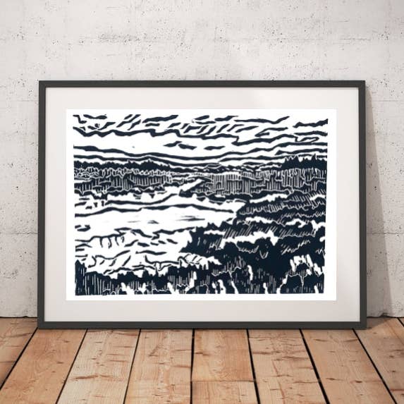 Paysage de prairies - Linogravure originale pour la vente par Hannah Guthrie Designs