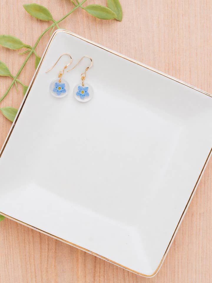 Pressed Forgetmenot Earrings, 14k gold filled for wholesale by Indigo & Lily Co.