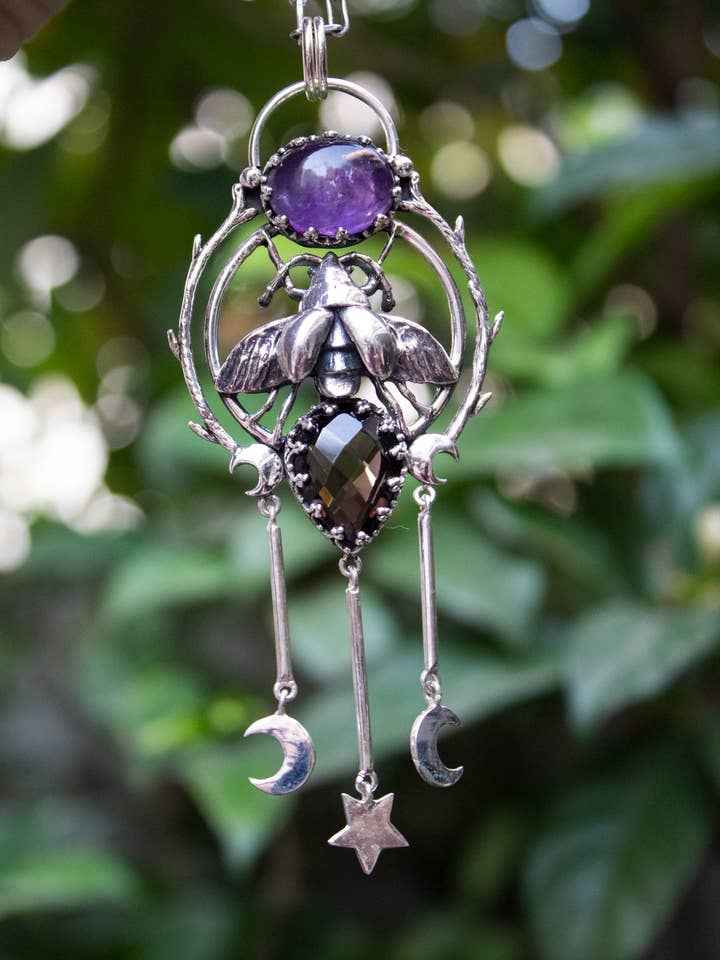Celestial Alchemy - Amethyst & Smokey Quartz Bee Talisman Pendant, AR-7661 for wholesale by Ambra Jewels