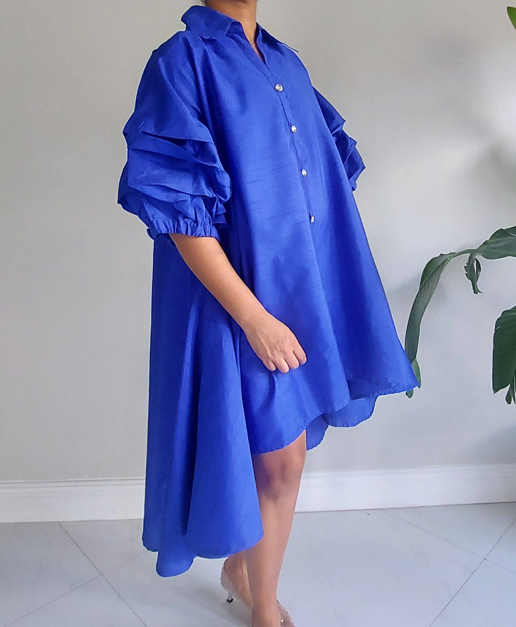 India Batik - Wholesale Dress - Women's - Swing Dress/ Faux Silk / Ruffle Sleeve - Royal1