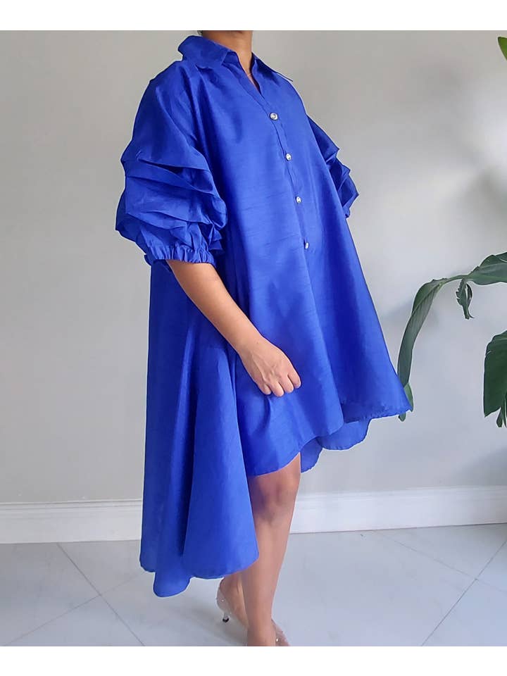 India Batik – Engroshandel Kjole - Dame – Swingkjole i kunstsilke med flæseærmer - Royal blå1